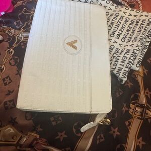 Valentino White Quilted Leather Clutch with Gold V Logo